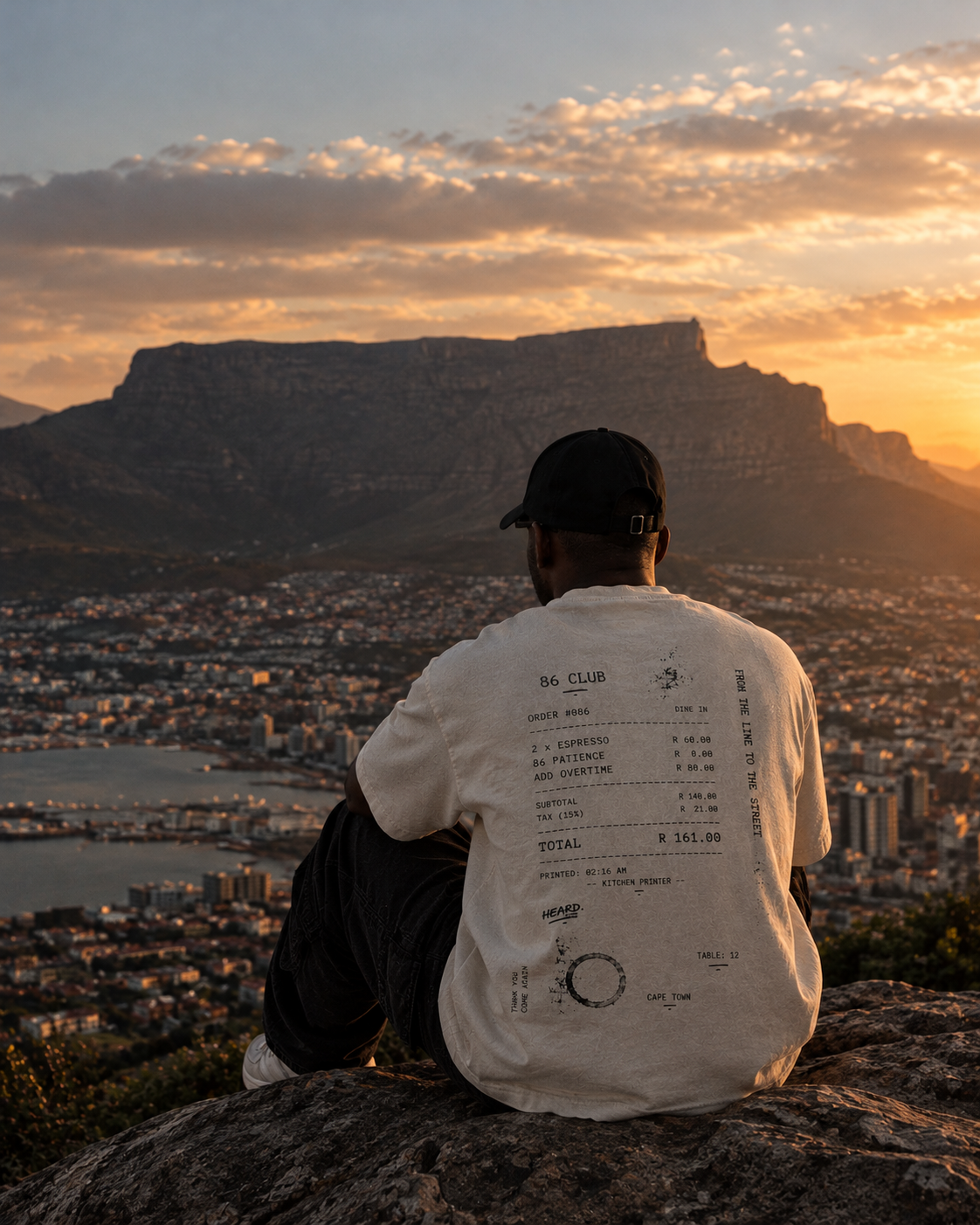 86 Club receipt tee overlooking Table Mountain at dusk