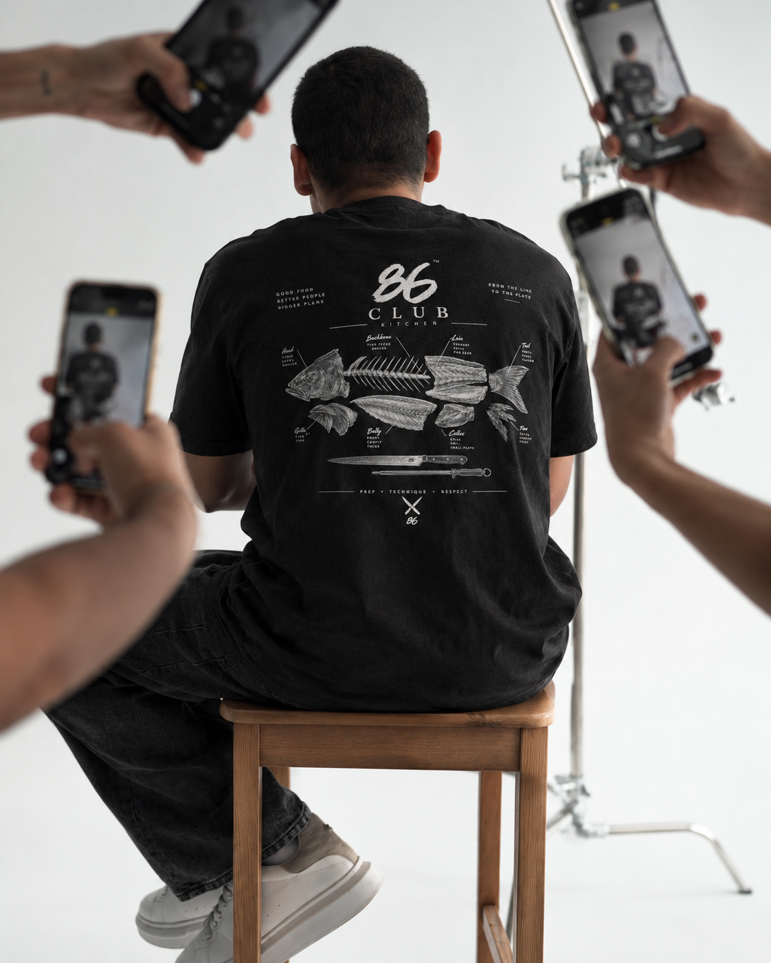 86 Club Kitchen fish-anatomy tee on set